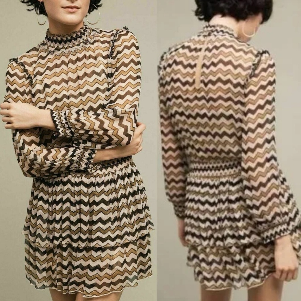Anthropologie 70s Retro Sierade Print Sheer Long‎ Sleeve Dress Size 12 HD Paris